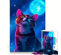 1000 Pieces Puzzles for Teenagers Cat Gazing at The Moon Sharp Cut Art Cognitive Play Gift Calm Play Time Xmas Decor Gift (50x75cm)