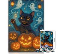 1000 Pieces Puzzles for Teenagers Halloween Cat with Pumpkins And Ghosts Hand Speed Race Relaxing Games for And from 14 Years And over (size 38x26cm)