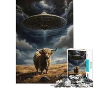 1000 Pieces Puzzles for Teenagers Highland Cow UFO Abduction Help The Brain Exercise Learning Educational Toy Wall Decor Suitable for People Aged 14 And Above (38X26CM)