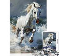 1000 Pieces Puzzles for Teenagers White Horse Running Through Waves Anti-Stress Toys Art Work Gift Brain Teaser Game with Matching Poster And Trivia Sheet Size 38x26cm