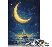 1000 Pieces Sailboat Under Crescent Moon for Adults Difficult Jigsaw Paper Puzzle for Adults Christmas Eve Gifts 1000pcs (38x26cm)