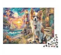1000 Pieces Seaside Lighthouse Dog Jigsaw Puzzle for Adults Paper Brain Challenge Coastal Landscape Puzzle Wall Art Relaxation 70x50cm/1000pcs
