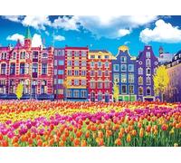 1000 Pieces Traditional Old Buildings And Tulips In Amsterdam Netherlands Holland Wooden Jigsaw Puzzle For Adults