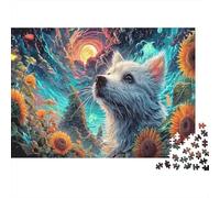 1000 Pieces White Fox in Cosmic Sunflower Field Educational Games Puzzle Jigsaw Puzzles Pet Fun Challenge for Adults, Home Decor Jigsaw 52x38cm/1000pcs