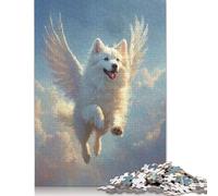 1000 Pieces Winged Samoyed Dog Flying in Sky Samoyed Angel Heavenly Tribute Art Puzzle for Adults Wood Puzzles Wooden Puzzles Learning Educational Puzzle 300pcs (40x28cm)