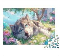 1000 Pieces Wolf Lying in Flower Field Educational Games Puzzle Jigsaw Puzzles Wildlife Fun Challenge for Adults, Home Decor Jigsaw 70x50cm/1000pcs