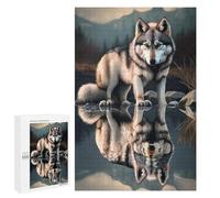 1000 Pieces Wolf's Reflection Wooden Jigsaw Puzzle, Challenging and Fun Activity - Interesting and Warm Art Adult Puzzles - Modern Home Decor