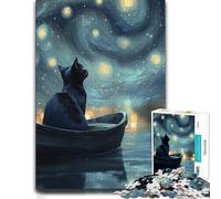 1000 Pieces Wooden Jigsaw Puzzle for Adults, Cat in a Boat Under Starry Sky | Group puzzle activity: solo or shared puzzle time on quiet evenings.