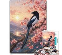 1000 Pieces Wooden Jigsaw Puzzle for Adults, Magpie Cherry Blossom Sunset | Border-first building - a clear build method at home.