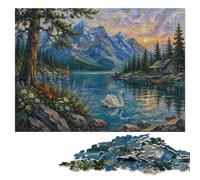 1000 Pieces Wooden Jigsaw Puzzle for Adults, Swan on a lake with mountains | For gifting: Jigsaw Puzzle Gift: adult home pastime during indoor leisure.