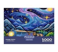 1000 Pieces Wooden Puzzle Thickened for Adults with Starry Night Train 1000 Pieces Home Decor Stress Relief Educational Toy Educational Game Challenge Educational Toy (75x50cm)
