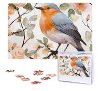 1000 Pieces Wooden Puzzles for Adults, Floral Print Watercolor Robin Bird Personalized Jigsaw Puzzle Interesting Custom Photo Puzzles Gift for Holiday Birthday Wedding Anniversay