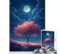 1000 Teenager Pieces Jigsaw Puzzle A Glowing Sakura Tree with Falling Petals at Night Jigsaw Puzzles for Adults Family Activities Every Piece Is Unique - Challenging Game Toys (50x75cm)