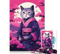 1000 Teenager Pieces Jigsaw Puzzle Cat Samurai Kimono Pixel Clean Cut Art Logic Puzzle Play Leisure Game Time Birthday Art Gift (50x75cm)