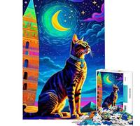 1000 Teenager Pieces Jigsaw Puzzle Cat Under A Crescent Moon And Obelisk Fun Activities at Home Difficult Challenge Educational Game for Age 14+ Game (50X75CM)