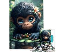 1000 Teenager Pieces Jigsaw Puzzle Cute Monkey with Frog on Lilypad Educational Challenge Staycation Kill Time DIY Toys for 14+ Puzzle Game Offered (38x26cm)