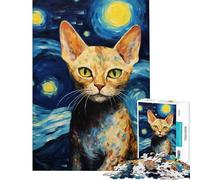 1000 Teenager Pieces Jigsaw Puzzle Devon Rex Cat Van Gogh Difficult And Challenge But Fun And Humorous Toy Wall Decor Suitable for Ages 14 And Up (38X26CM)