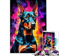 1000 Teenager Pieces Jigsaw Puzzle Doberman in Watercolor Neon Challenging To Complete Learning Educational Relax Games for And 14 Years And over (38x26cm)
