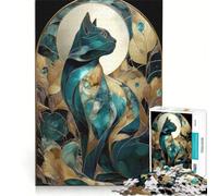 1000 Teenager Pieces Jigsaw Puzzle Elegant Teal And Gold Cat Art, Practical Game, Difficult Challenge, Artists Collection, Fine Art 38x52cm