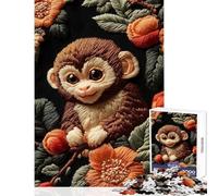 1000 Teenager Pieces Jigsaw Puzzle Embroidered Monkey with Flowers Create Sweet Family Home Memories Heartwarming Idea (38x26cm)