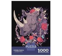 1000 Teenager Pieces Jigsaw Puzzle Floral Rhino Illustration on Black Background Jigsaw for Adults Hands-on Game Improve Memory Birthday Present, Gifts, 38x26cm/1000pcs