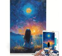1000 Teenager Pieces Jigsaw Puzzle Girl Gazing at Night Sky Painting, Practical Game, Pattern Assembly, Unique Gifts for Birthday And Christmas 50x75cm