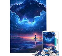 1000 Teenager Pieces Jigsaw Puzzle Lighthouse on A Coastal Island Beneath A Starry Sky Fun Activities at Home Difficult Challenge Educational Game for Age 14+ Game (38X52cm)