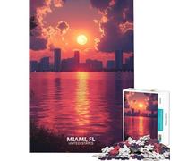1000 Teenager Pieces Jigsaw Puzzle Miami Sunset Skyline United States Fun Activities at Home Difficult Challenge Educational Game for Age 14+ Game (38X52cm)
