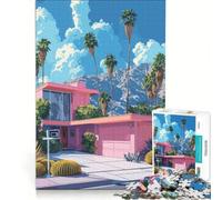 1000 Teenager Pieces Jigsaw Puzzle Pink House Palm Springs Style, Relaxing Games, Difficult Challenge, Unique Birthday And Gifts 38x52cm