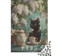 1000 Teenager Pieces Jigsaw Puzzle Vintage Tea Set with Black Cat Puzzle for Adults Family Games Difficult Hard Birthday Present, Gifts, 38x26cm/1000pcs
