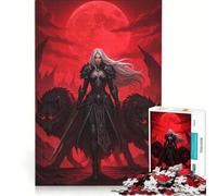 1000 Teenager Pieces Jigsaw Puzzle Warrior Woman with Wolves Under Red Moon Practical Game Difficult Challenge Artists Collection Fine Art 38x26cm
