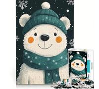 1000 Teenager Pieces Jigsaw Puzzle Winter Polar Bear with Hat And Scarf Practical Game Pattern Assembly Unique Gifts for Birthday And Christmas 38x52cm