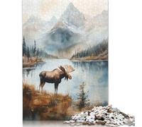 1000-teiliges Puzzle „Elch in Berglandschaft, Aquarell“, für Erwachsene, Papierpuzzles für Erwachsene, Teenager, Mann, Frau, Geschenk, 1000 Stück (75 x 50 cm)
