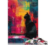 1000-teiliges Puzzle „Schwarze Katze auf abstraktem Hintergrund“ für Erwachsene, Papierpuzzles für Erwachsene, Teenager, Mann, Frau, Geschenk, 1000 Stück (75 x 50 cm)