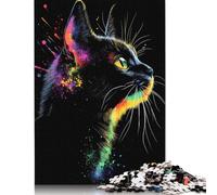 1000-teiliges Puzzle „Schwarze Katze mit Regenbogenspritzern“ für erwachsene Teenager, Papierpuzzle, nachhaltiges Puzzle für Erwachsene | Spiele 1000 Teile (38 x 26 cm)