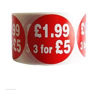1000 x RED Sign SELF Adhesive Stickers Sticky Labels Swing Labels for Retail Price Display Price of RED Sticker (£1.99 3 for £5, 40mm OR 4cm)