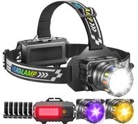100000LM Head Torch Rechargeable,13 Modes Super bright Led Headtorch with UV/Warm/Red light & IPX7 Waterproof & 120° Adjustable & Motion & Zoomable, Red Warning Headlight for Running, Camping, Hiking