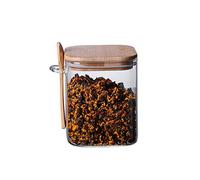 1000ml 34oz Glass Food Storage Jar with Wooden Lid and Spoon Clear Square Kitchen Canister Stackable Food Container for Coffee Bean Tea Spices Nuts Cookies Candy