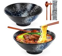 1000ml Ceramic Ramen Bowls Set of 2, Noodle Bowl with Chopsticks and Spoons, Japanese Bowl for Salad, Pasta, Cereal Food, Soup, Udon - Microwave, Oven and Dishwasher Safe (Moonlight Blue)