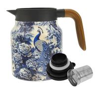 1000ML Insulated Tea Pot, Vintage Pattern Insulated Teapot Built-in Infuser, Stainless Steel Thermal Carafe, Thermal Jug, Teas Pot Infusers Teapot with Wood Handle for Coffee, Tea & Beverage
