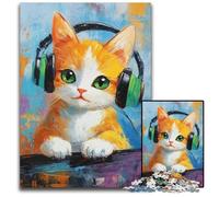 1000Pc Adults Jigsaw Puzzle Cat Listening to Music Cardboard Puzzles Fun Games, Is Ideal As A Gift for The Whole Family for for Age 14 26X38CM