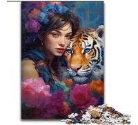 1000Pc Adults Jigsaw Puzzle Colorful Painting Woman And Tiger Made of Wood, Fun Activity for at Home 50x75cm DIY Art Decor