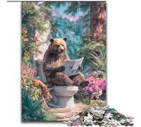 1000Pc Adults Jigsaw Puzzle Grizzly Bear on The Toilet Made of Wood, for Parents, Lovers, Friends - Age 14+ size 50X75CM for Birthday Holiday Christmas