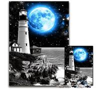 1000Pc Adults Jigsaw Puzzle Lighthouse Under The Blue Moon Wooden Jigsaw Puzzles Challenging Brain Teaser for Teenagers, Family Game Night Fun 50X75CM