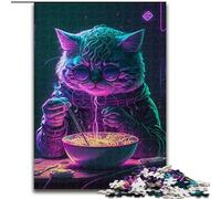 1000Pc Adults Jigsaw Puzzle Pat Cat Eating Ramen Made of Wood, for Parents, Lovers, Friends - Age 14+ 50x75cm for Birthday Holiday Christmas