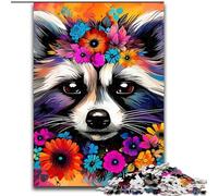 1000Pc Adults Jigsaw Puzzle Raccoon Wearing Flowers Jigsaw Puzzles size : 50x75cm for Teenager & Families, Perfect DIY Decor & Brain-Teasing Challenge