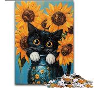 1000Pc Adults Jigsaw Puzzle Sunflowers And Black Cat cardboard Jigsaw 26X38CM Interactive Family Game, Brain Challenge, Educational Toy