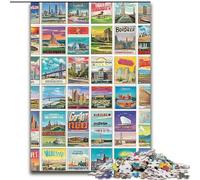 1000Pc Adults Jigsaw Puzzle Vintage Postage Stamps Collage Made of cardboard, for Parents, Lovers, Friends - Age 14+ size 38x26CM for Birthday Holiday Christmas