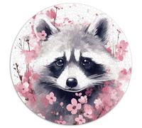 1000Pc Adults Round Jigsaw Puzzle Sakura Watercolor Raccoon Impossible Jigsaw Puzzles for Adults Home Decor Gift, Brain Teaser Game (67.5x67.5cm)