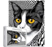 1000pc Checkered Optical Illusion Cat Puzzle Black White Psychedelic Vector Art with Pastel Background 27x20inch Premium Jigsaw Challenging Family Activity Games for Home Decor Gifts